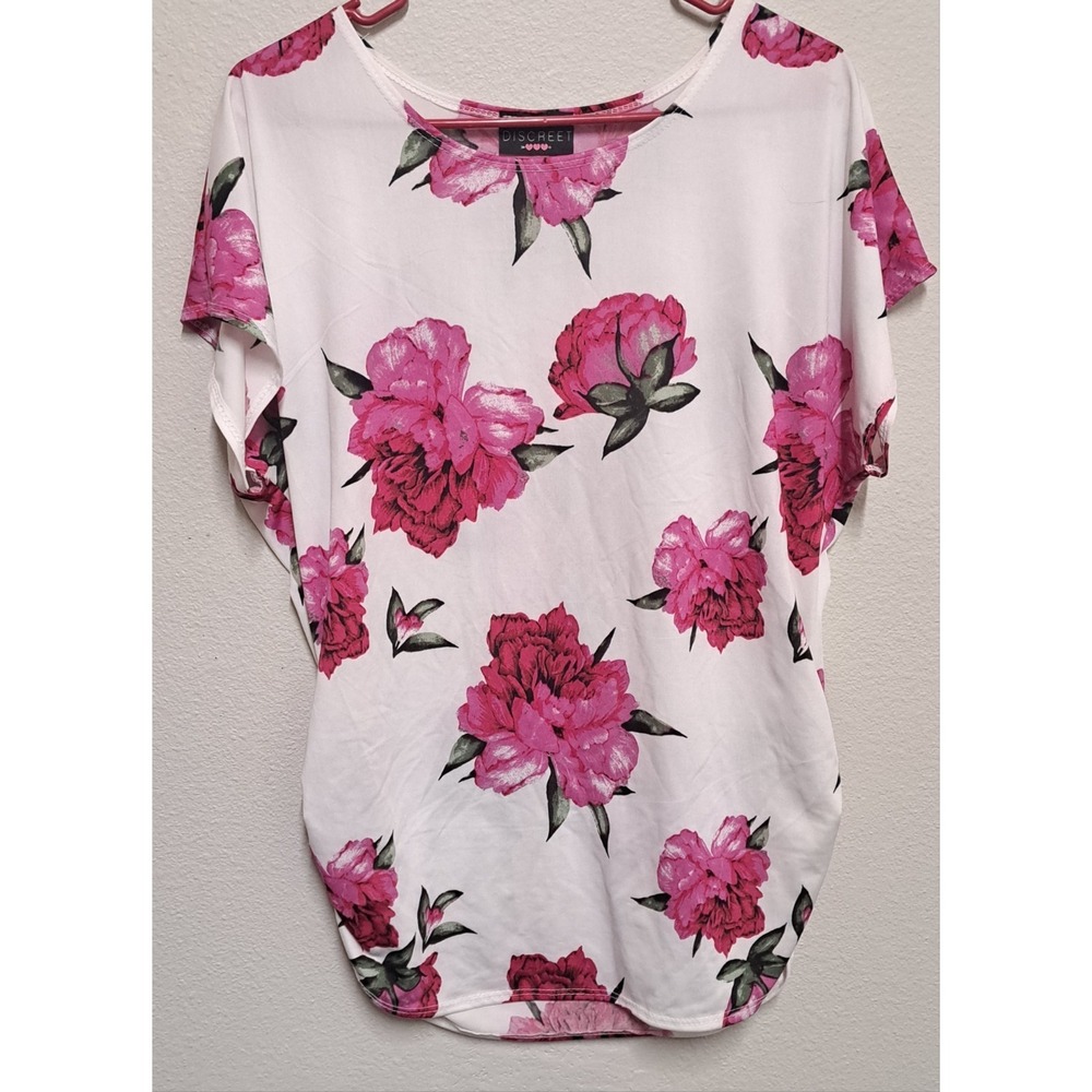 Discreet Floral Blouse Womens XL Pink White Ruched Hem Stretch Short Sleeve Top